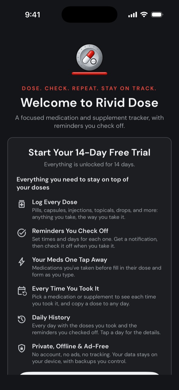 Rivid Dose welcome screen in dark mode