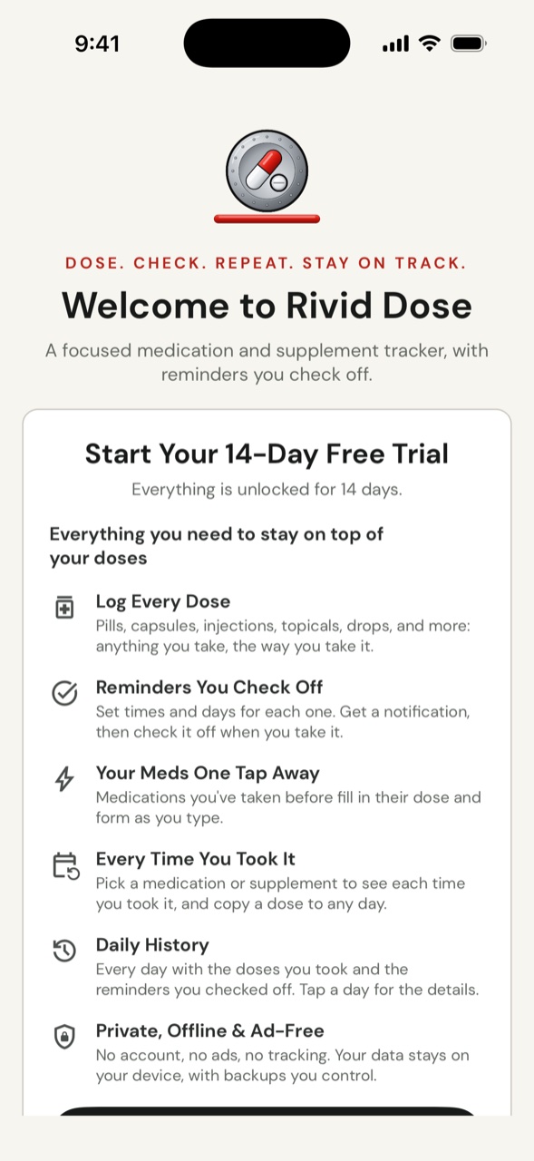 Rivid Dose welcome screen in light mode