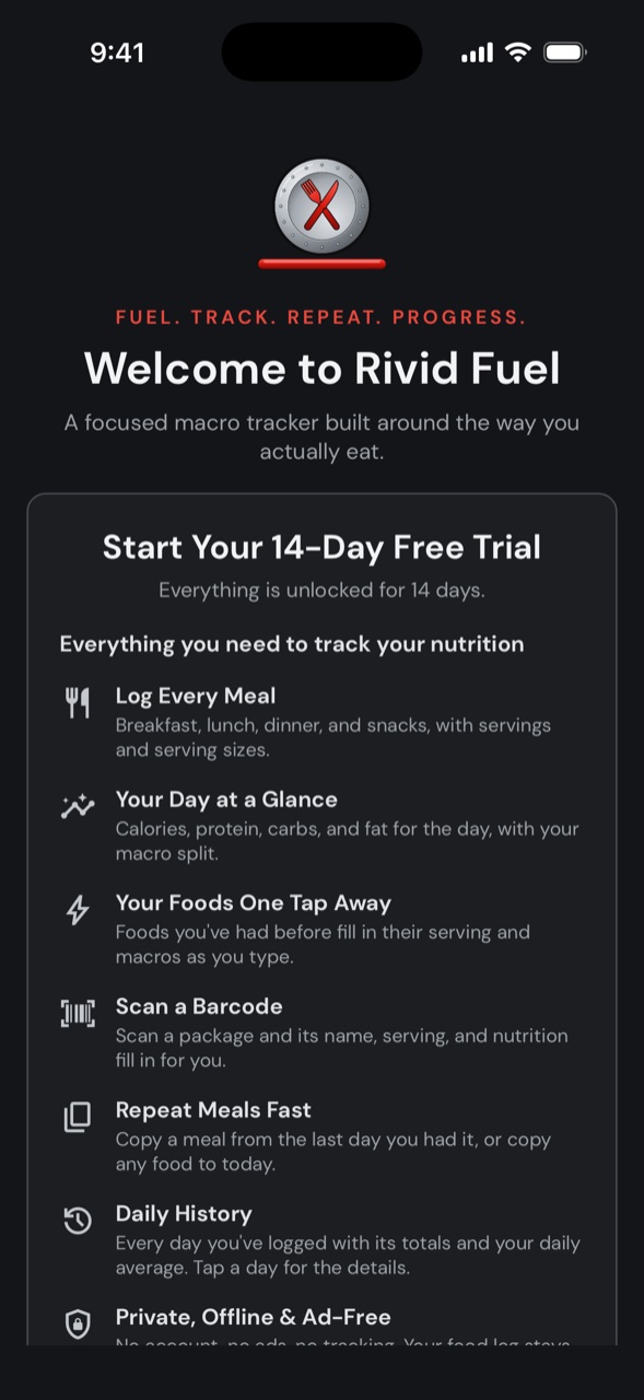 Rivid Fuel welcome screen in dark mode