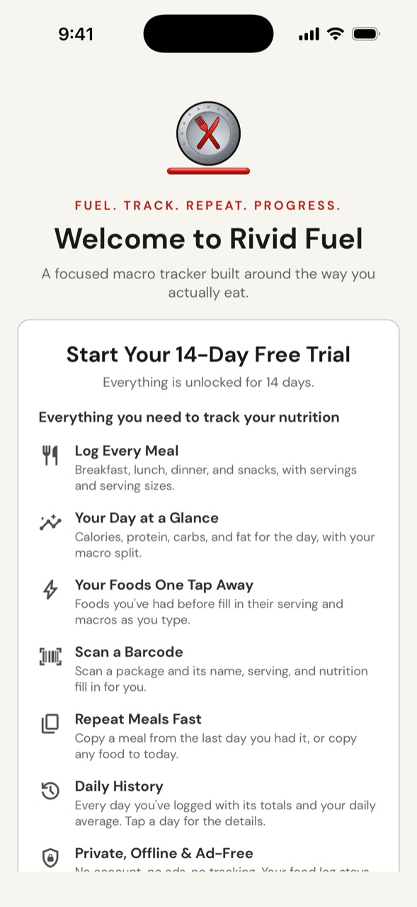 Rivid Fuel welcome screen in light mode