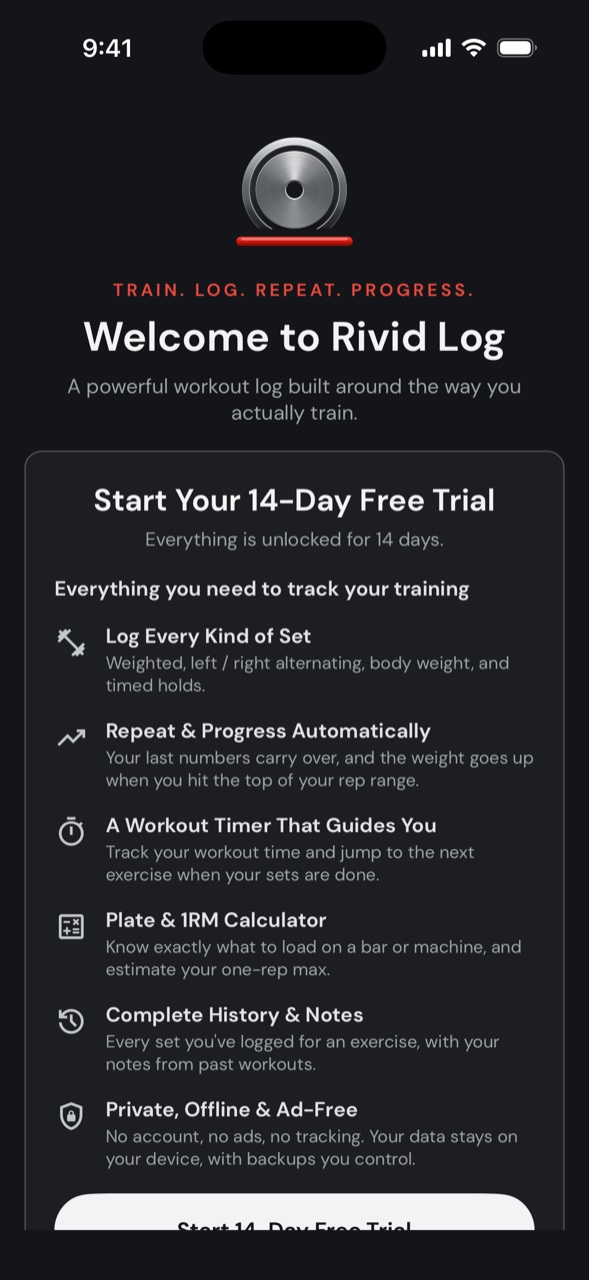 Rivid Log welcome screen in dark mode